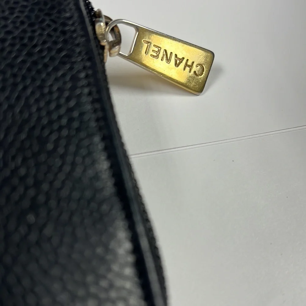 Chanel Classic Black Caviar Leather Long Clutch Zip Around Wallet